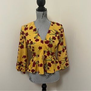 Topshop Yellow and Red Floral Print Tie-Up Blouse, S